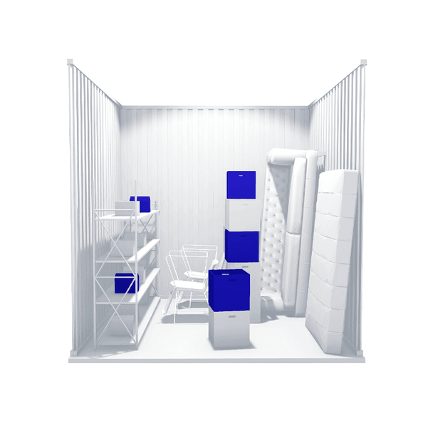 Secure 100sqft self storage unit with boxes and furniture