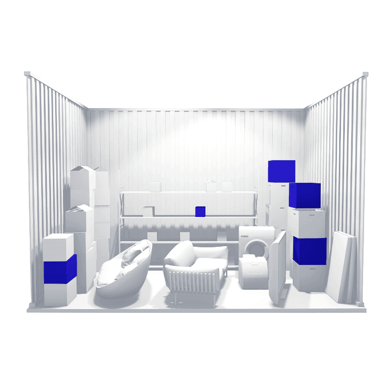 Spacious 125sqft self storage unit with various items