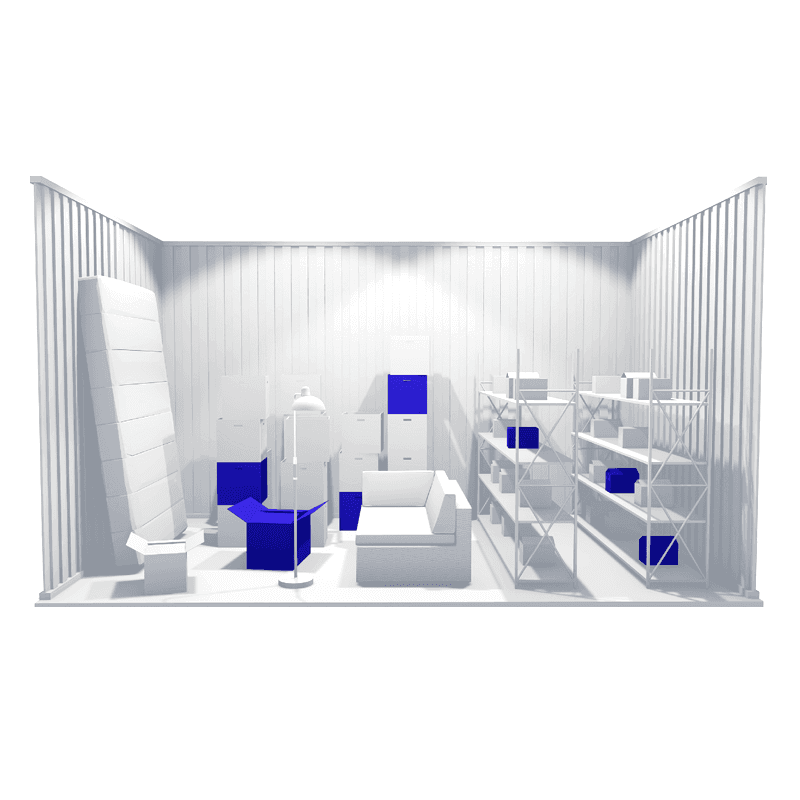 Organized 150sqft self storage unit with boxes and furniture