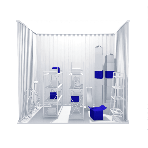 75sqft secure self storage unit with shelving and boxes